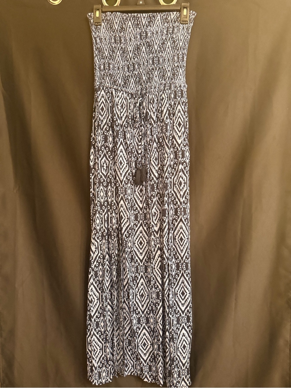 Bila Navy Blue and White Geo Print Strapless Maxi Dress Size S